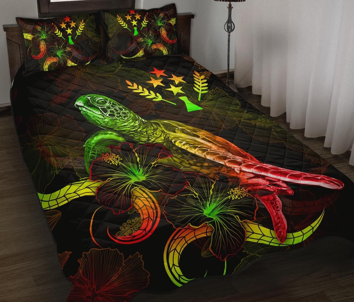 Kosrae Polynesian Quilt Bed Set - Turtle With Blooming Hibiscus Reggae