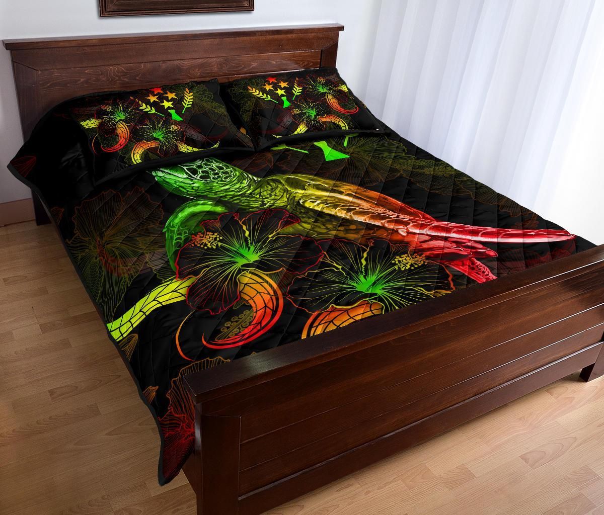 Kosrae Polynesian Quilt Bed Set - Turtle With Blooming Hibiscus Reggae