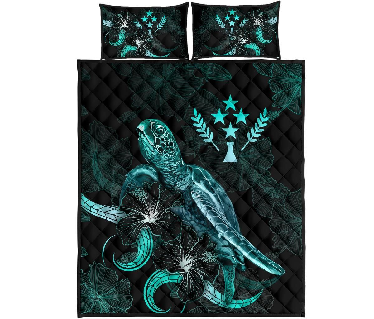 Kosrae Polynesian Quilt Bed Set - Turtle With Blooming Hibiscus Turquoise