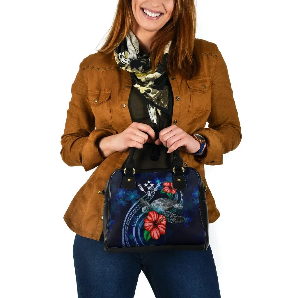 Kosrae Polynesian Shoulder Hand Bag - Blue Turtle Hibiscus