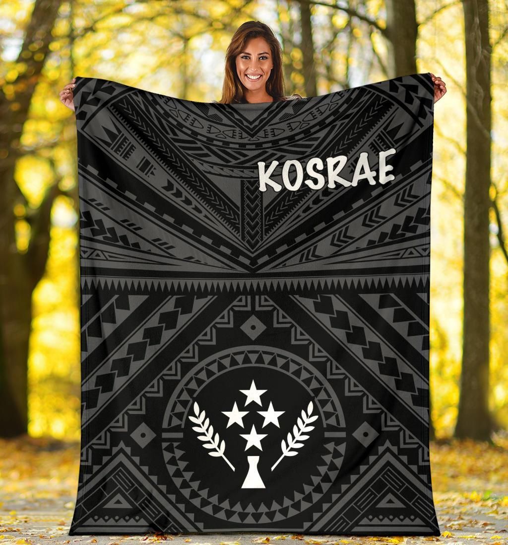 Kosrae Premium Blanket - Kosrae Flag In Polynesian Tattoo Style (Black)