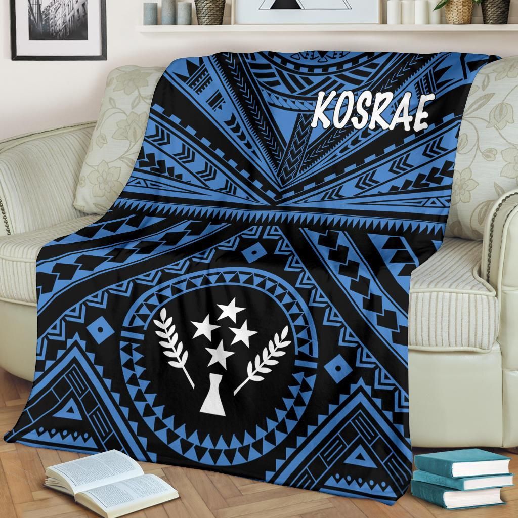 Kosrae Premium Blanket - Kosrae Flag In Polynesian Tattoo Style (Blue)