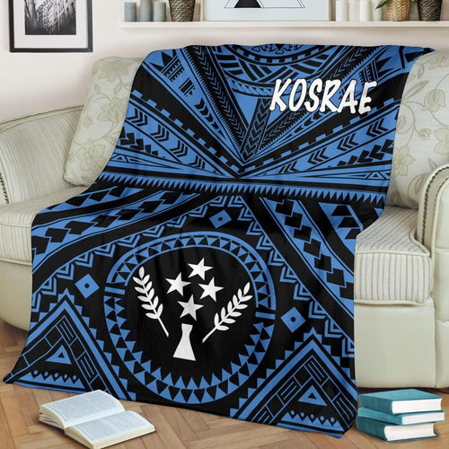 Kosrae Premium Blanket - Kosrae Flag In Polynesian Tattoo Style (Blue)