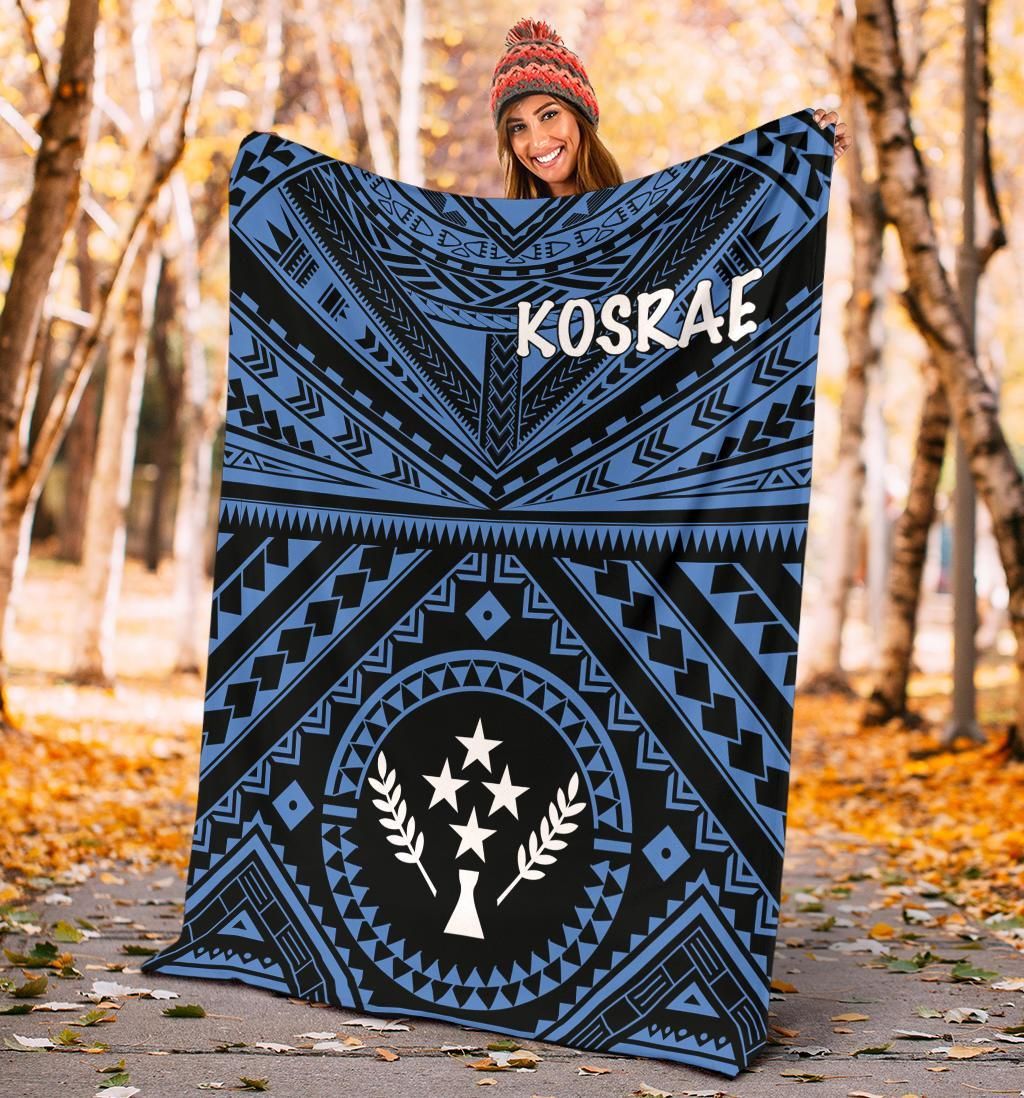 Kosrae Premium Blanket - Kosrae Flag In Polynesian Tattoo Style (Blue)