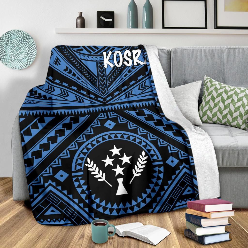 Kosrae Premium Blanket - Kosrae Flag In Polynesian Tattoo Style (Blue)