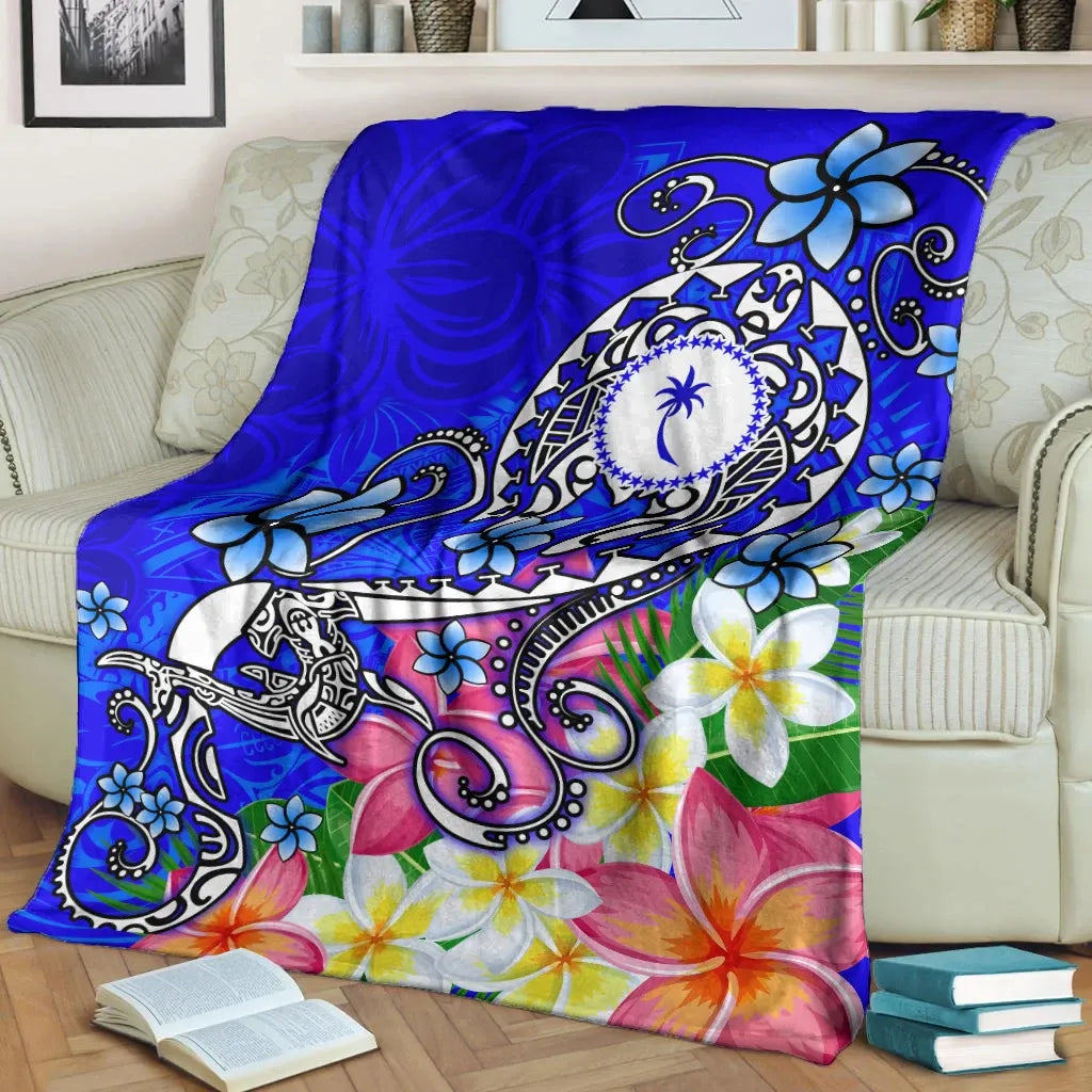 Kosrae Premium Blanket - Turtle Plumeria (Blue)