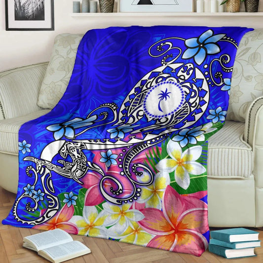 Kosrae Premium Blanket - Turtle Plumeria (Blue)