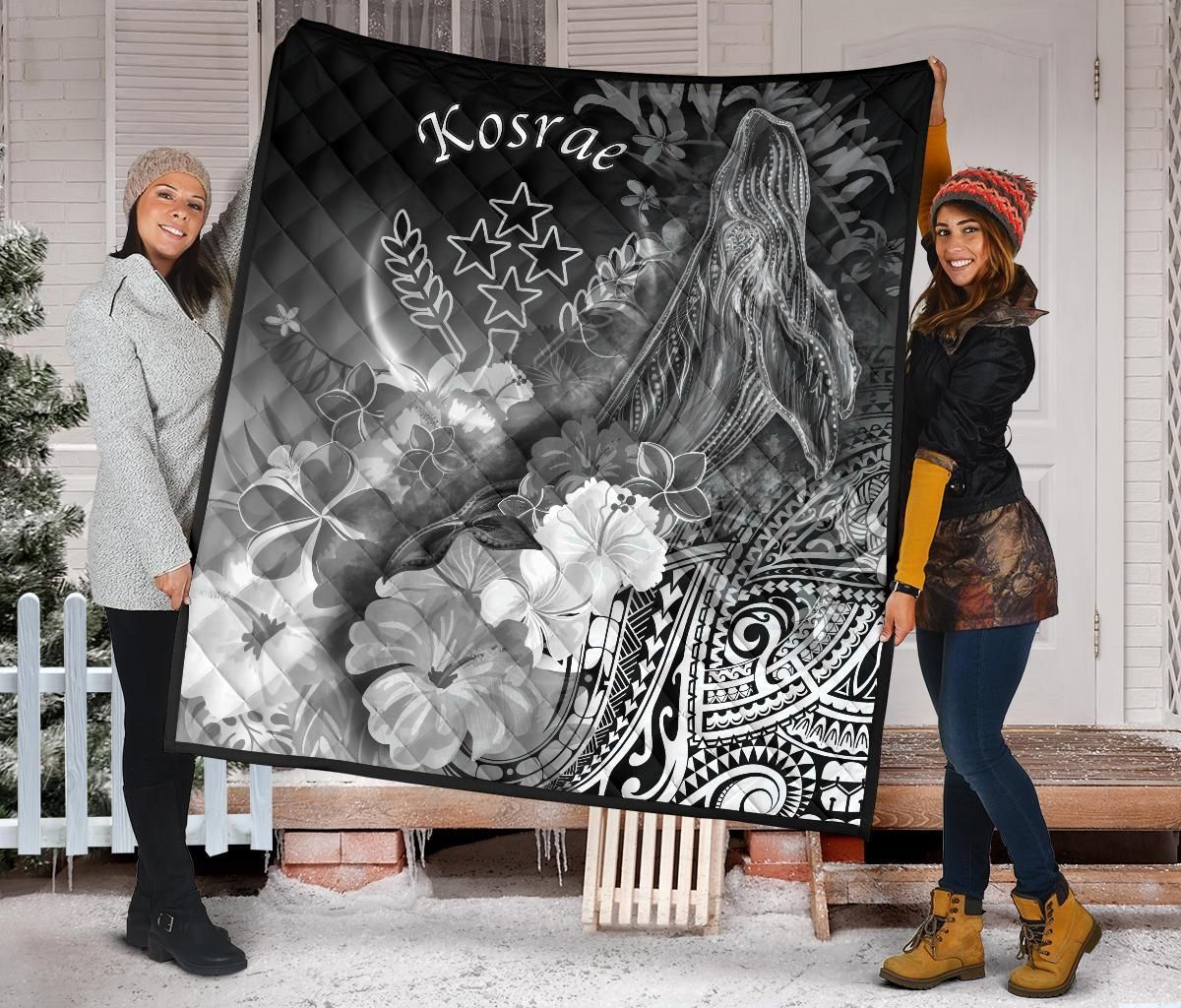 Kosrae Premium Quilt - Humpback Whale with Tropical Flowers (White)