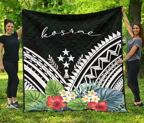 Kosrae Premium Quilt - Kosrae Coat of Arms & Polynesian Tropical Flowers White