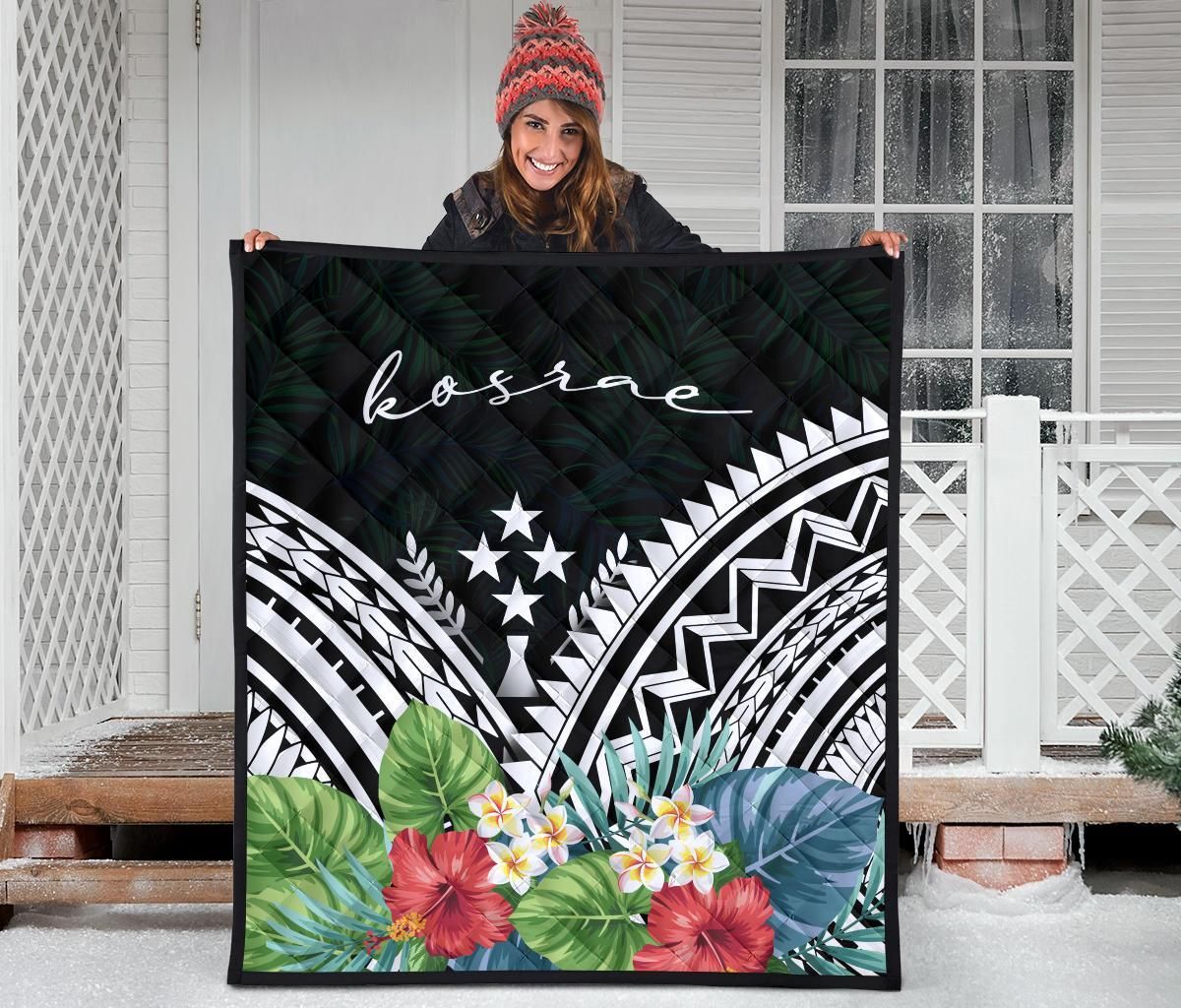 Kosrae Premium Quilt - Kosrae Coat of Arms & Polynesian Tropical Flowers White