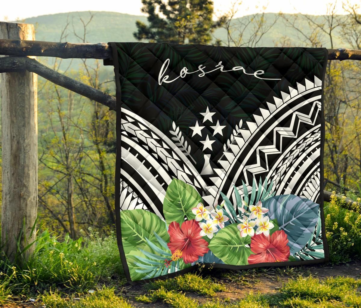 Kosrae Premium Quilt - Kosrae Coat of Arms & Polynesian Tropical Flowers White
