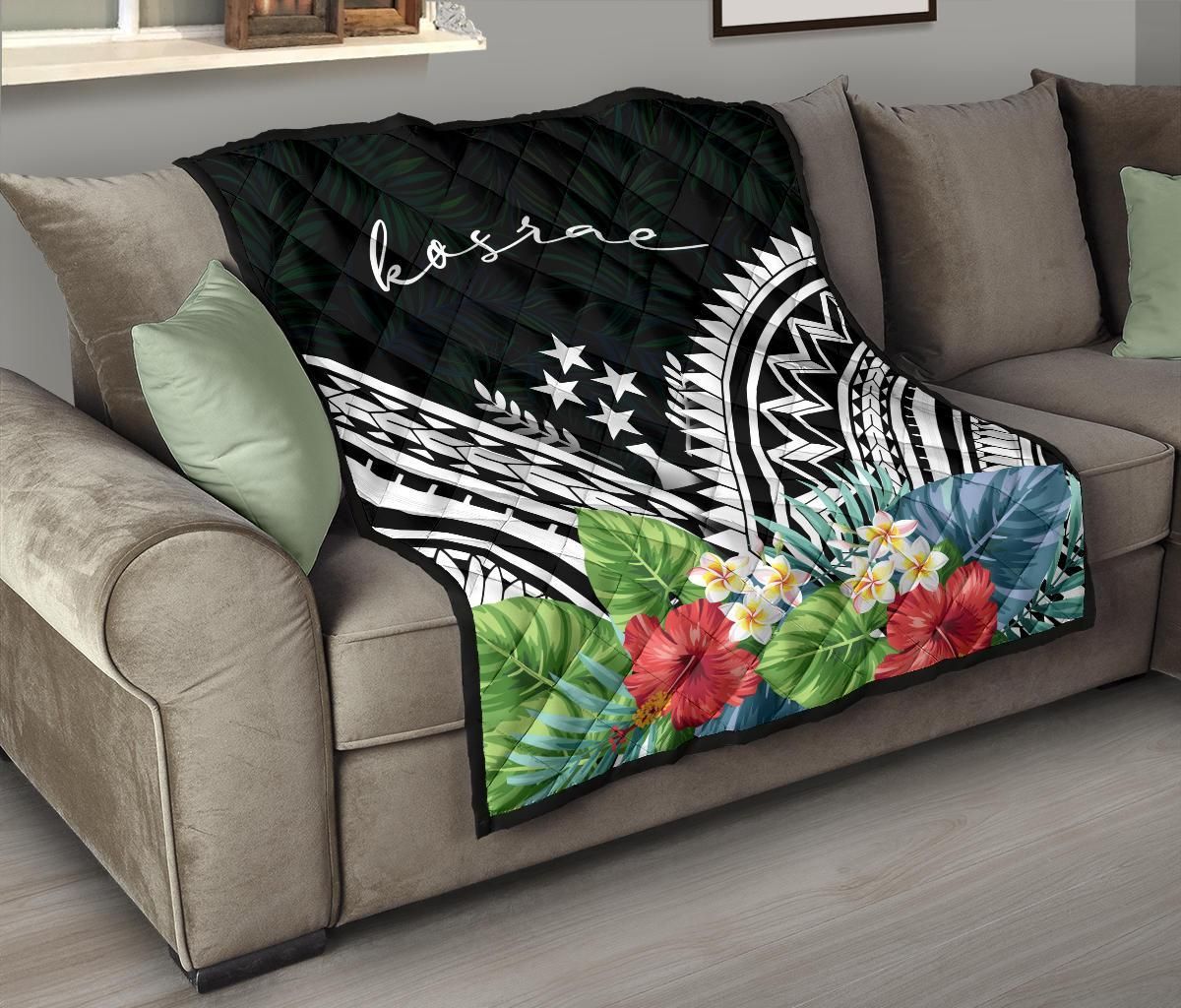 Kosrae Premium Quilt - Kosrae Coat of Arms & Polynesian Tropical Flowers White