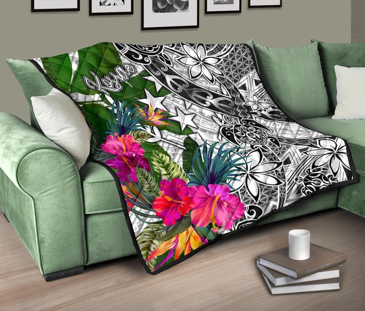 Kosrae Premium Quilt White - Turtle Plumeria Banana Leaf