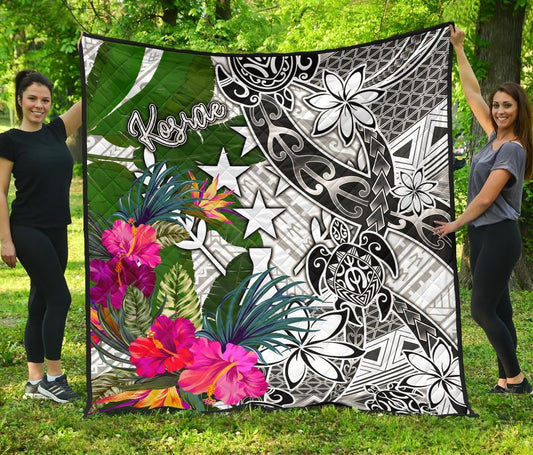 Kosrae Premium Quilt White - Turtle Plumeria Banana Leaf