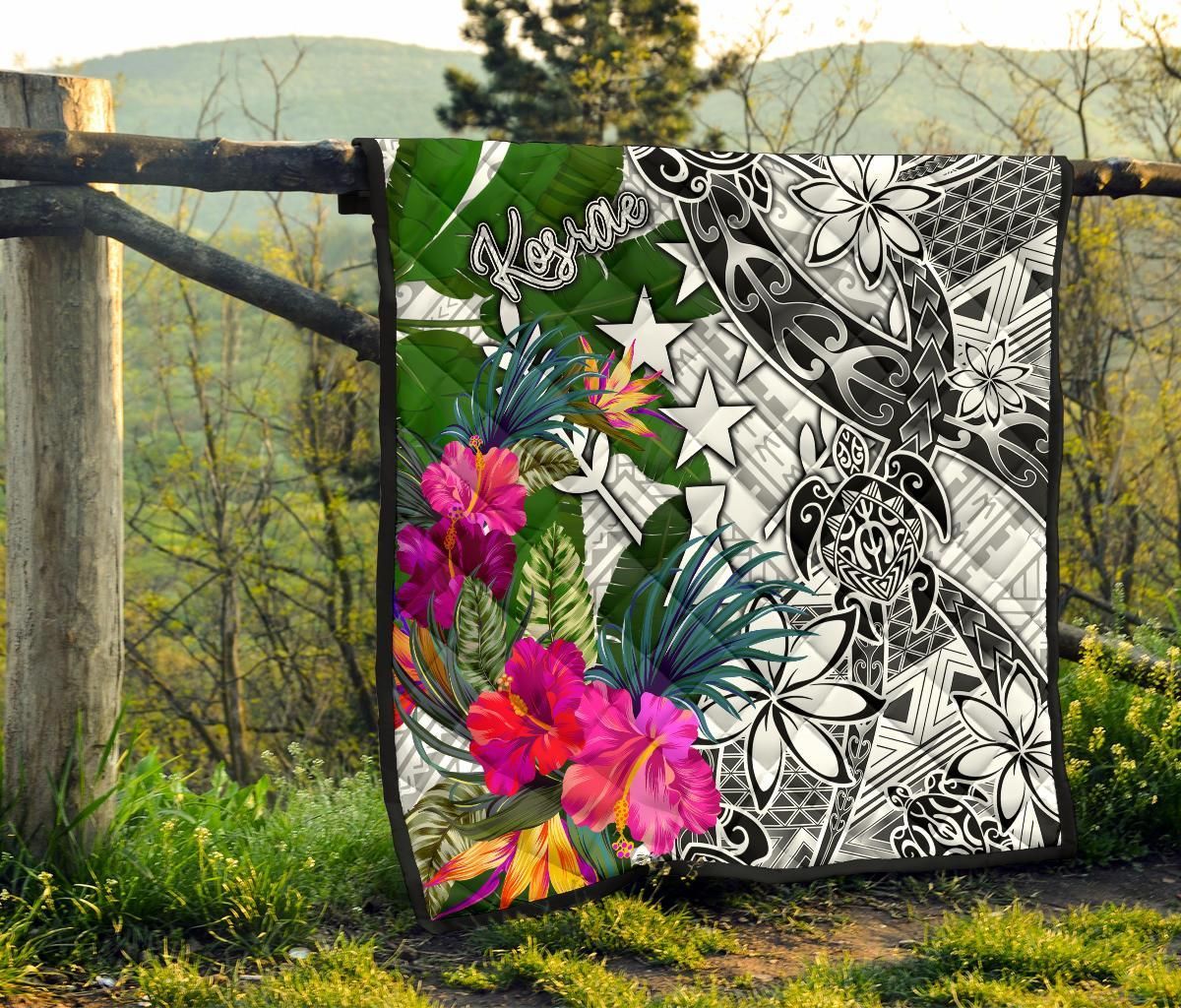 Kosrae Premium Quilt White - Turtle Plumeria Banana Leaf