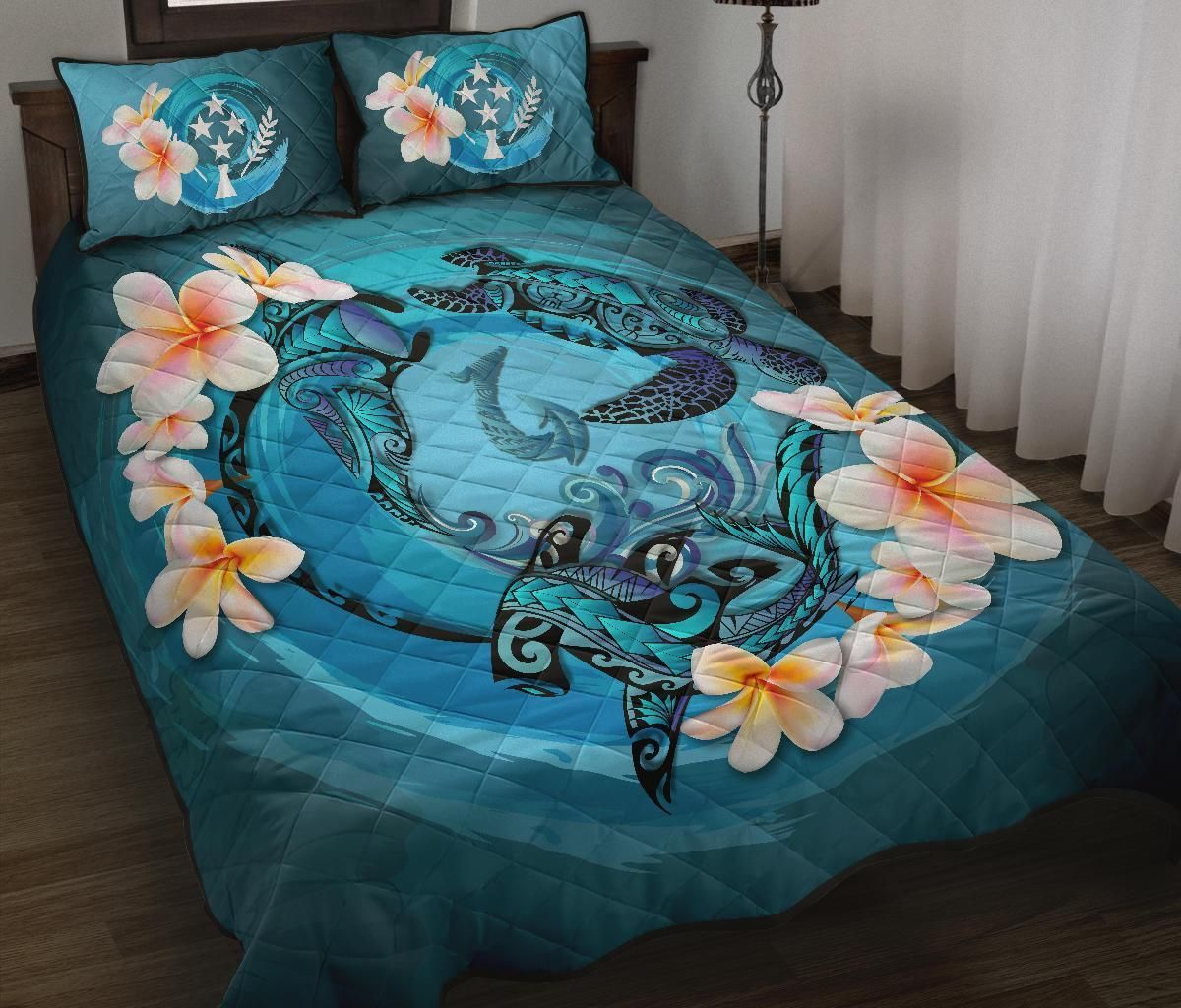Kosrae Polynesian Quilt Bed Set - Blue Plumeria Animal Tattoo