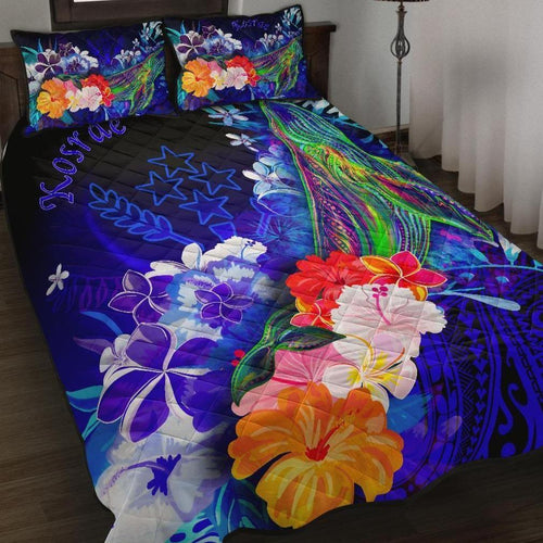Kosrae Quilt Bed Set - Humpback Whale with Tropical Flowers (Blue)