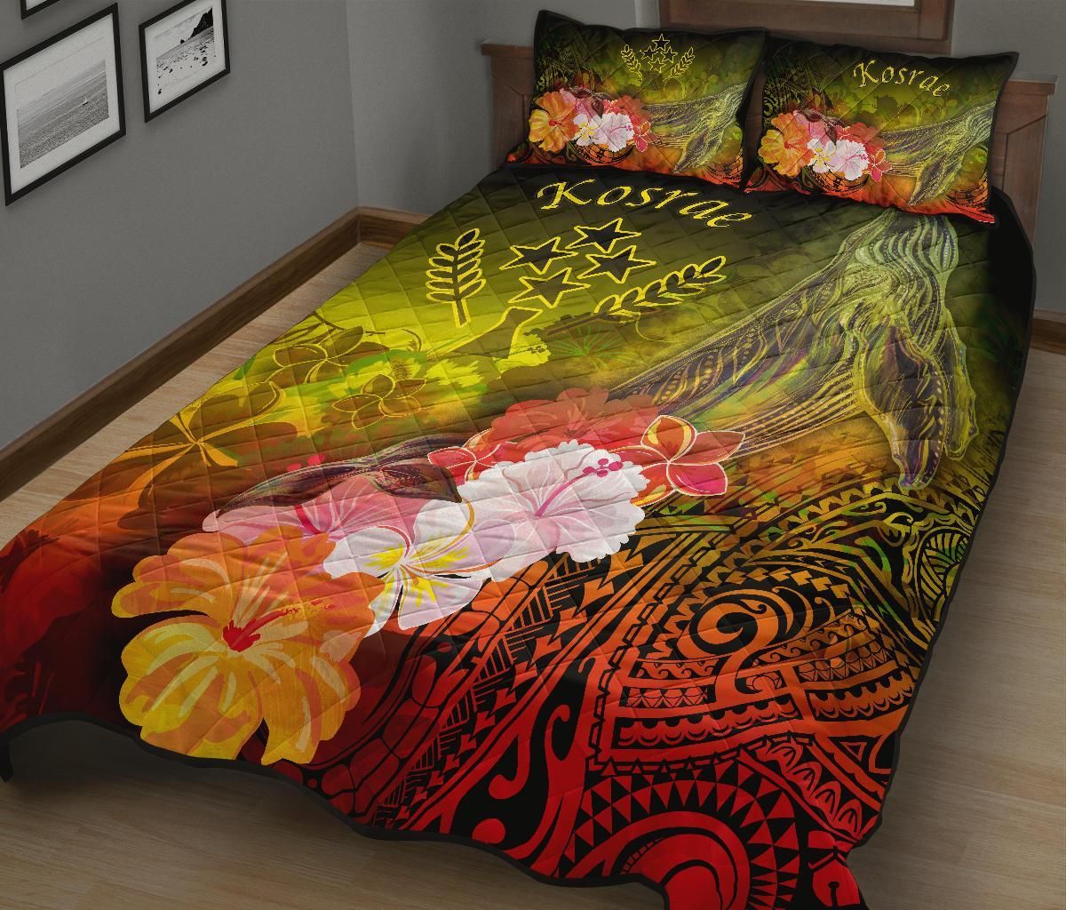 Kosrae Quilt Bed Set - Humpback Whale with Tropical Flowers (Yellow)