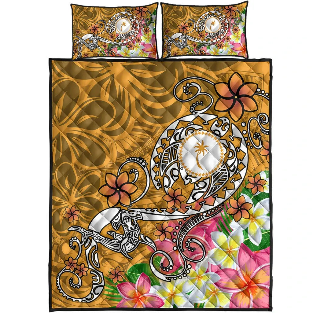 Kosrae Quilt Bed Set - Turtle Plumeria (Gold)
