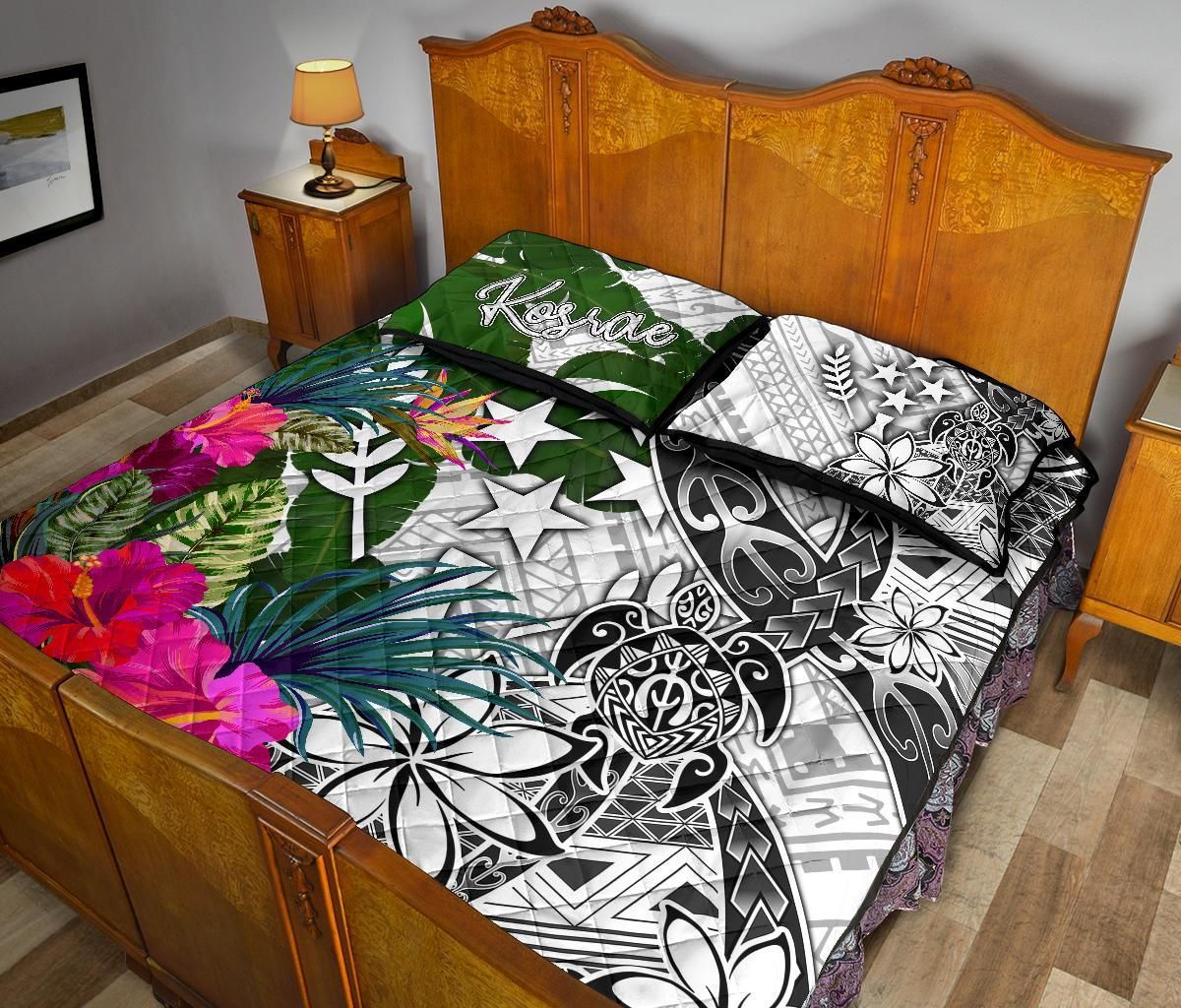 Kosrae Quilt Bed Set White - Turtle Plumeria Banana Leaf