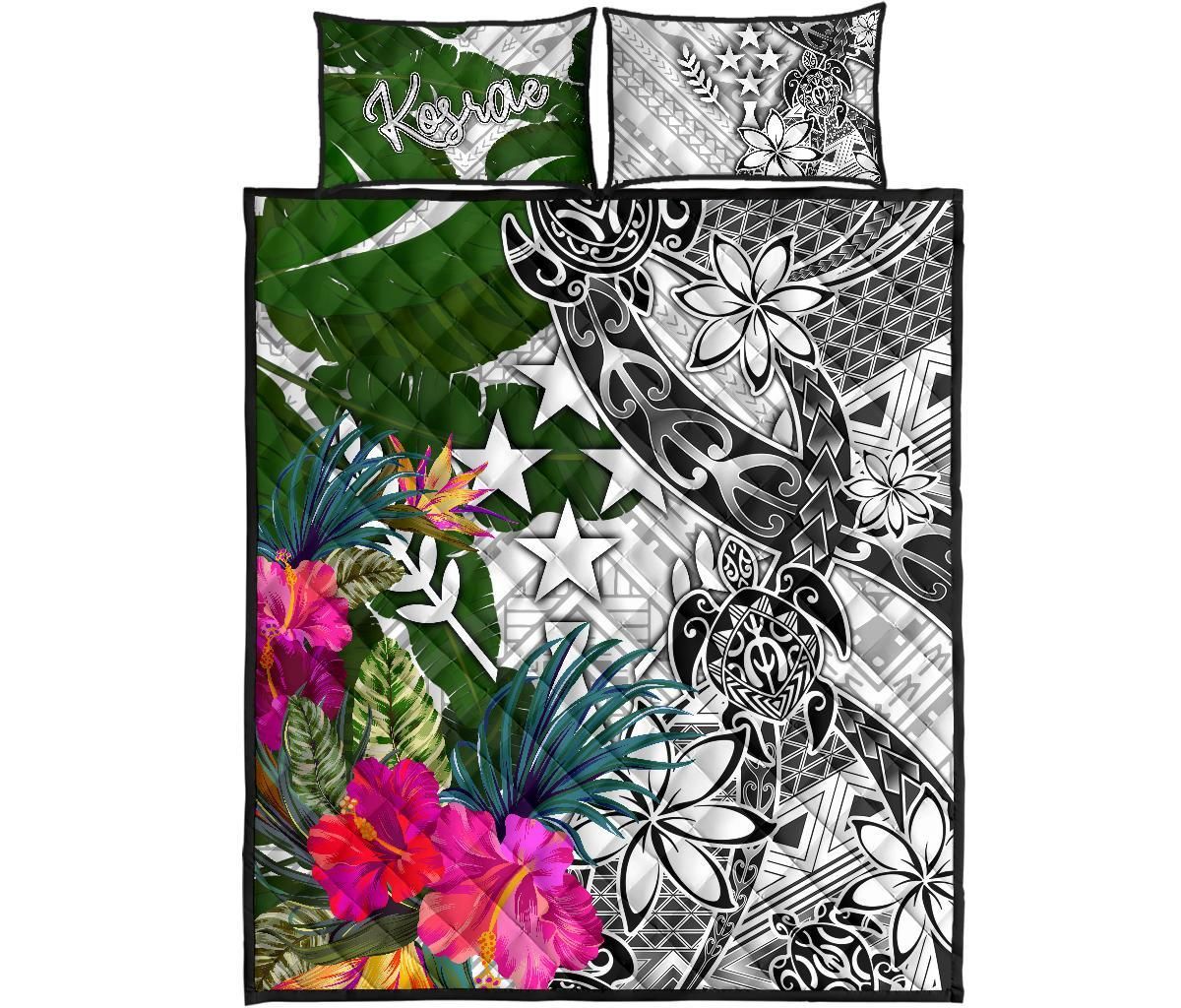 Kosrae Quilt Bed Set White - Turtle Plumeria Banana Leaf