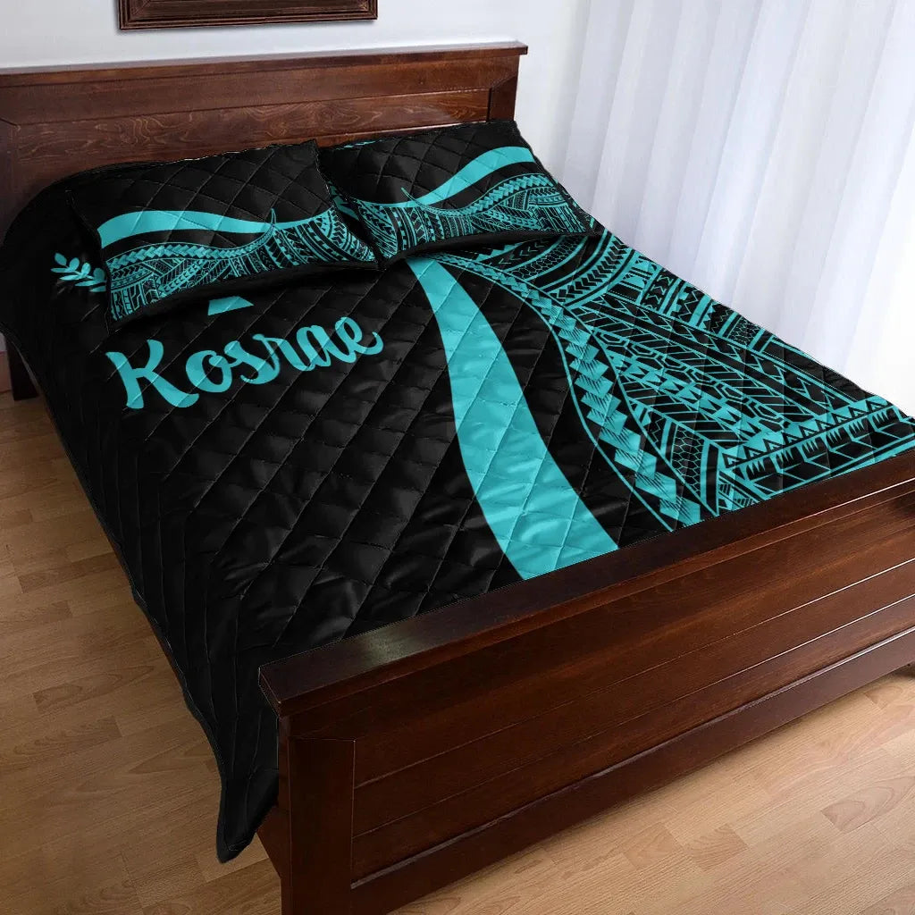 Kosrae Quilt Bed Set - Turquoise Polynesian Tentacle Tribal Pattern