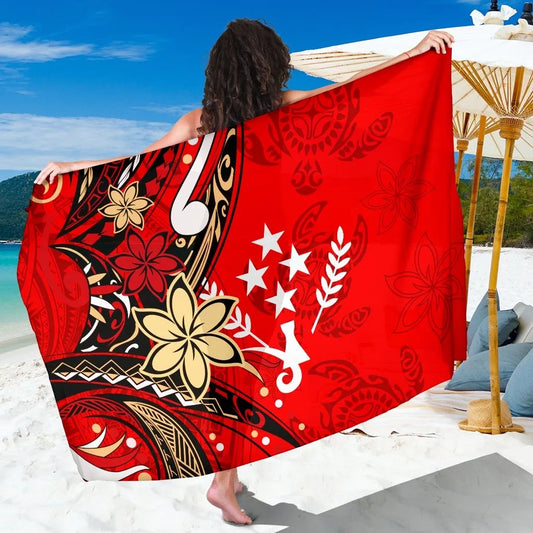 Kosrae Sarong - Tribal Flower With Special Turtles Red Color