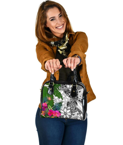 Kosrae Shoulder Handbag White - Turtle Plumeria Banana Leaf