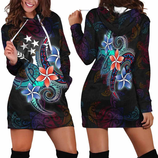 Kosrae State Hoodie Dress - Plumeria Flowers Style