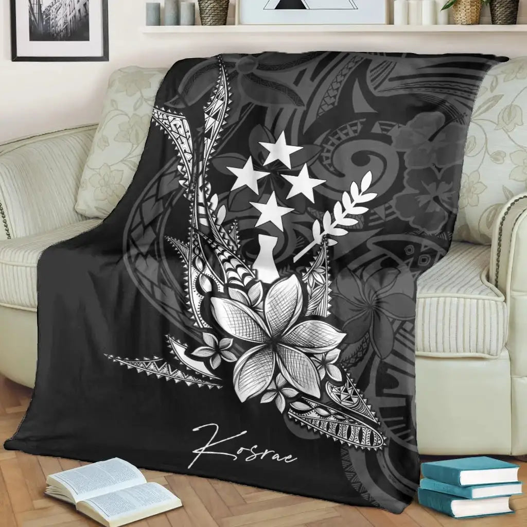 Kosrae State Premium Blanket - Fish With Plumeria Flowers Style