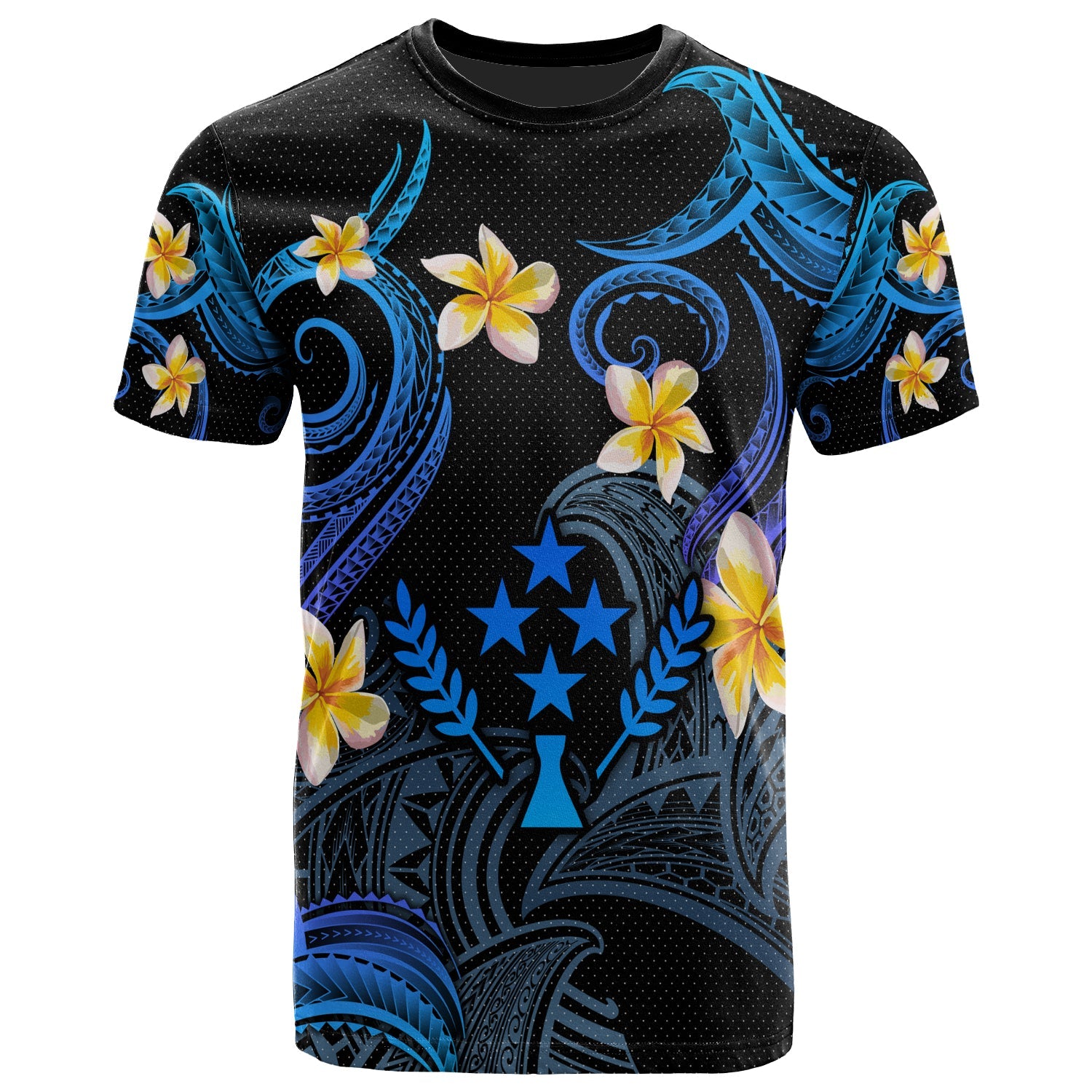 Kosrae T-shirt - Custom Personalised Polynesian Waves with Plumeria Flowers (Blue)
