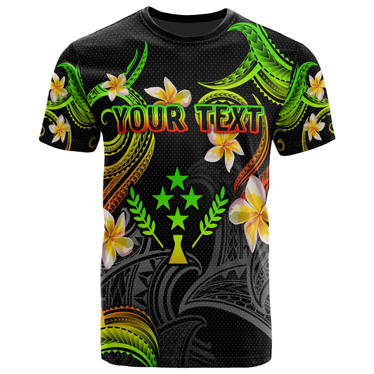 Kosrae T-shirt - Custom Personalised Polynesian Waves with Plumeria Flowers (Reggae)