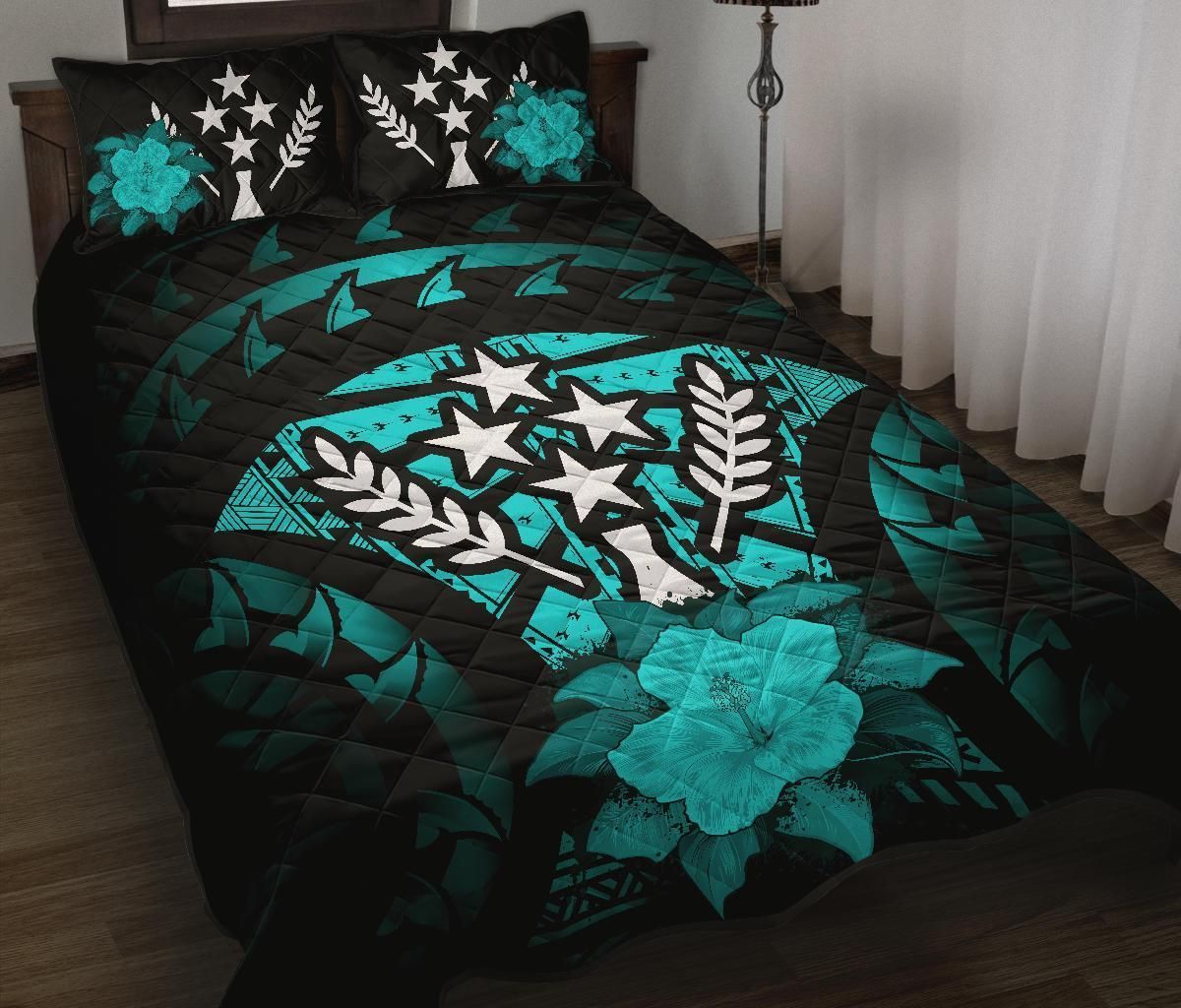 Kosrae Polynesian Quilt Bed Set Hibiscus Turquoise