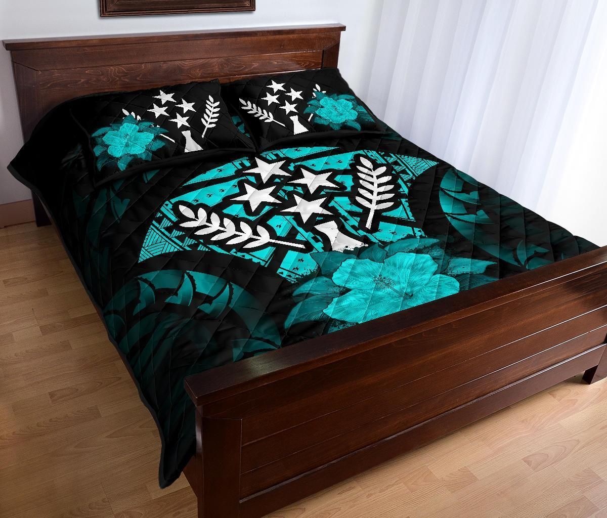 Kosrae Polynesian Quilt Bed Set Hibiscus Turquoise