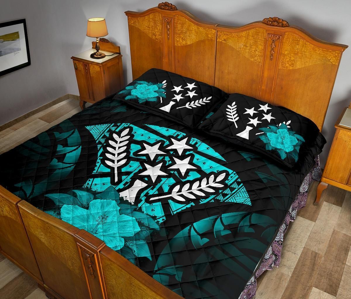 Kosrae Polynesian Quilt Bed Set Hibiscus Turquoise