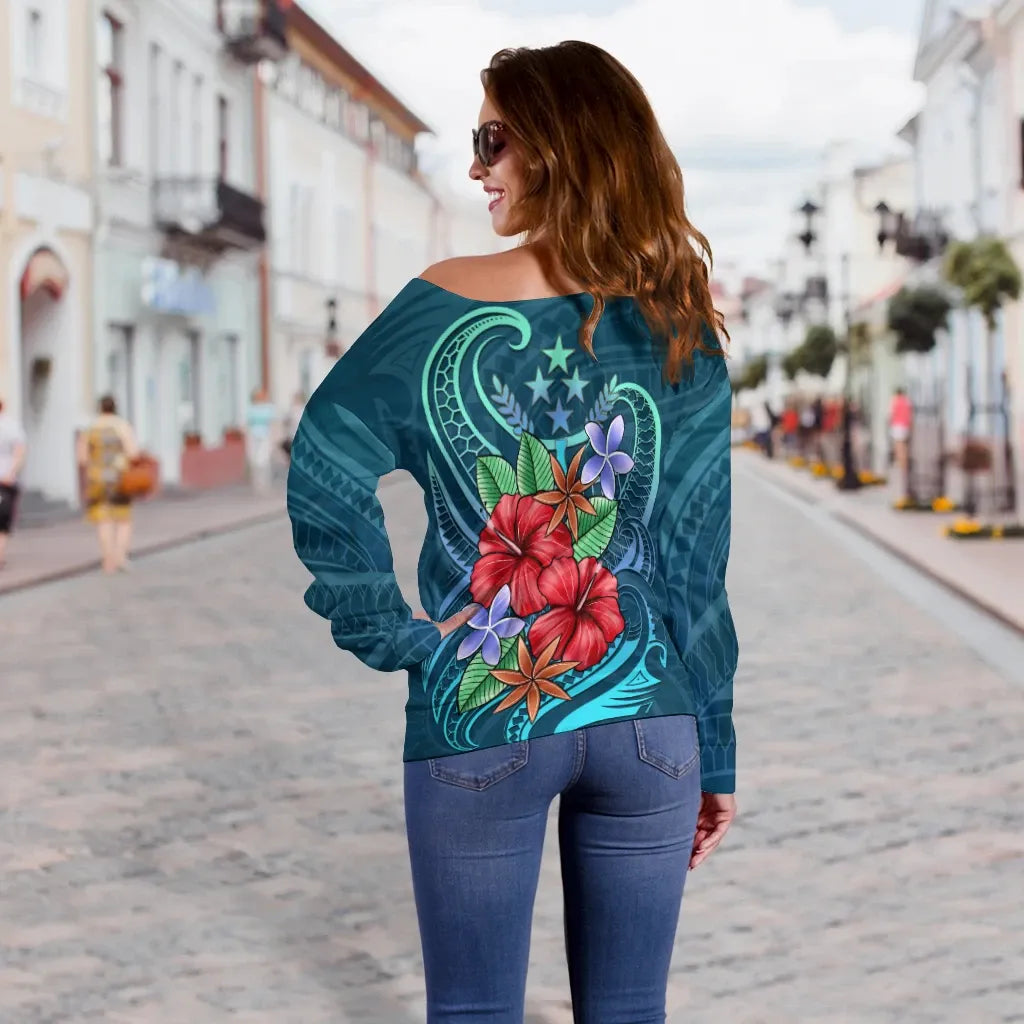 Kosrae Women Off Shoulder Sweater - Blue Pattern With Tropical Flowers