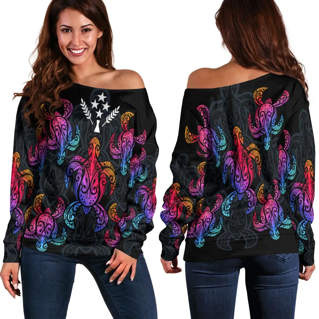 Kosrae Women Off Shoulder Sweaters - Sea Turtle In Tribal Polynesian Style