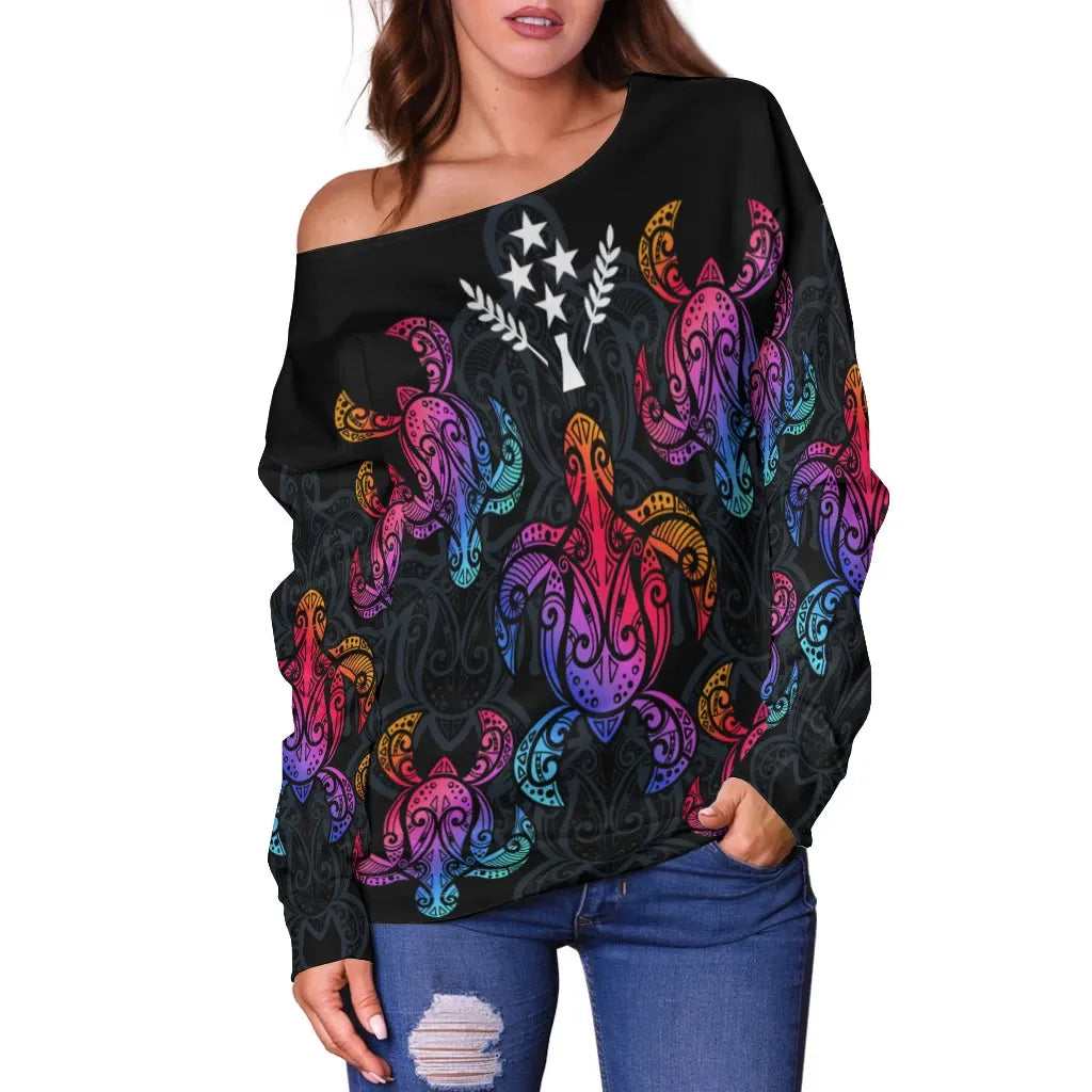 Kosrae Women Off Shoulder Sweaters - Sea Turtle In Tribal Polynesian Style