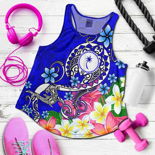 Kosrae Women Racerback Tank - Turtle Plumeria (Blue)