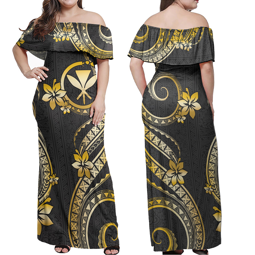 Hawaii Combo Off Shoulder Long Dress And Shirt Kanaka Maoli Golden Polynesian Pattern