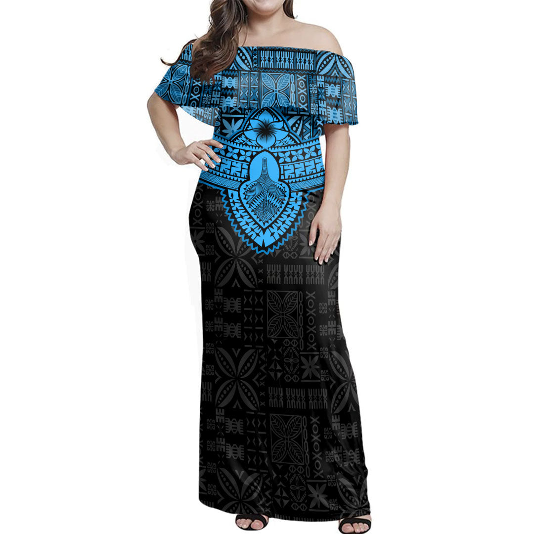 Fiji Woman Off Shoulder Long Dress Tribal Tapa Chest Piece
