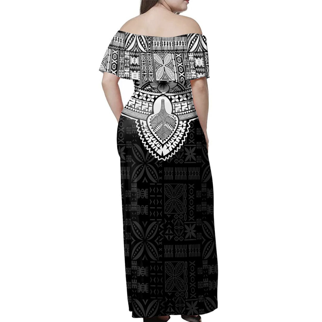 Fiji Woman Off Shoulder Long Dress Tribal Tapa Chest Piece