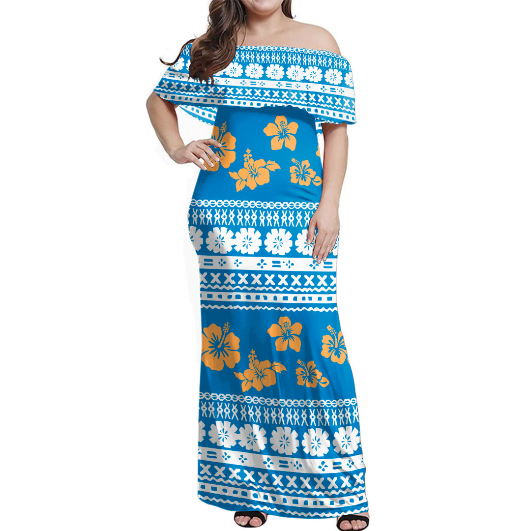 Fiji Off Shoulder Long Dress Tapa Flower Fabric Print