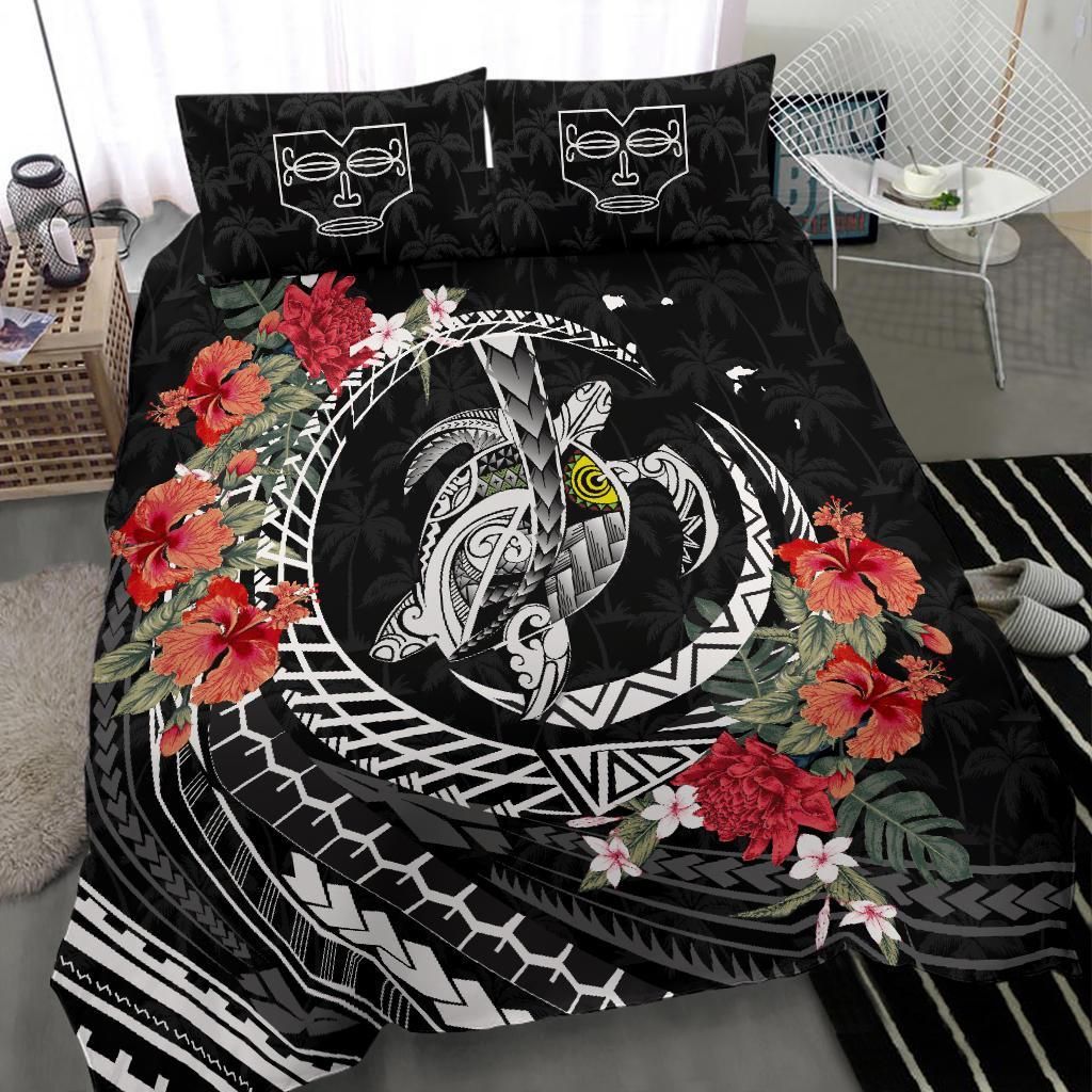 Polynesian Duvet Cover Set - Marquesas Islands Bedding Set Polynesia Map Turtle Hibiscus