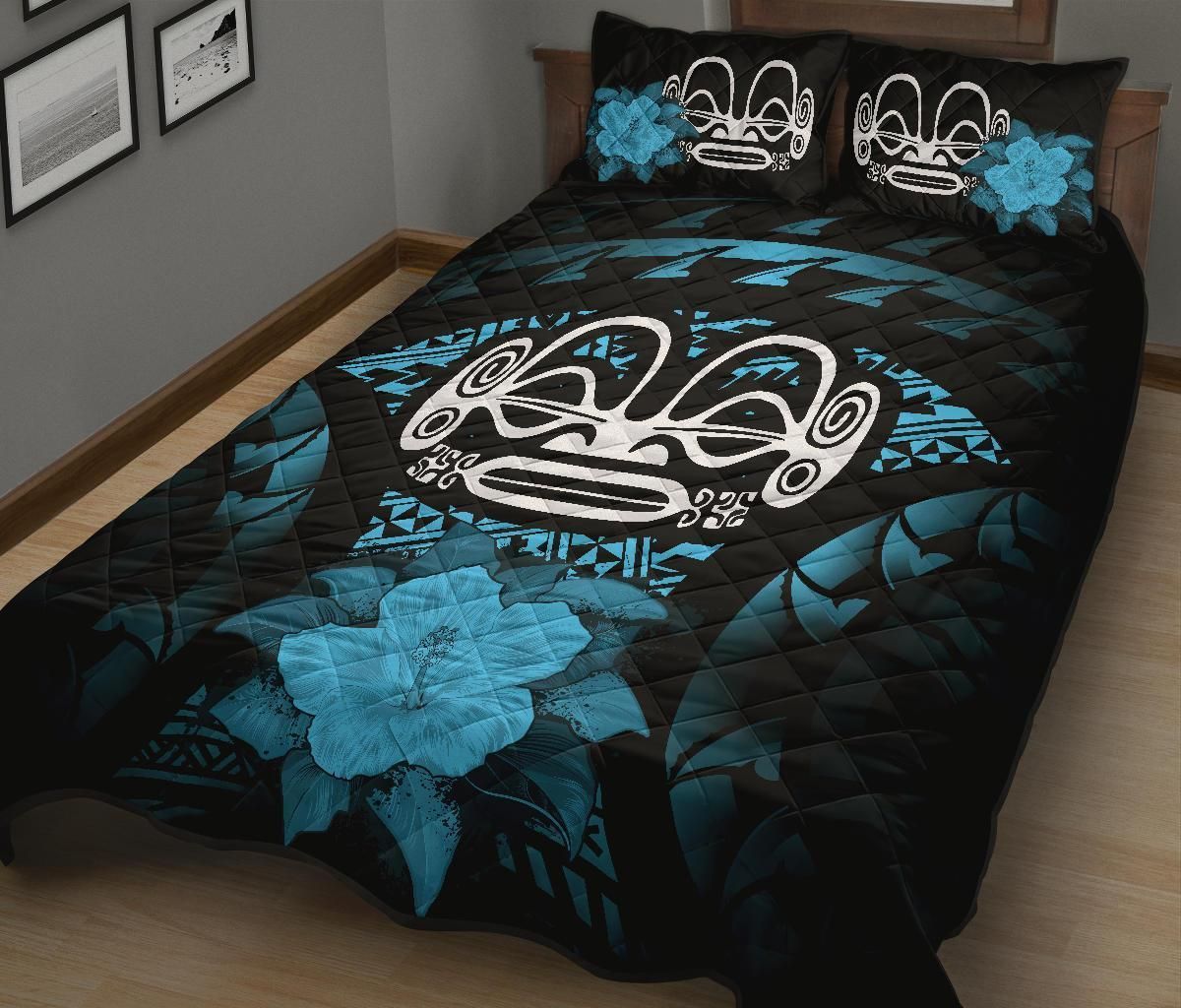 Marquesas Islands Polynesian Quilt Bed Set Hibiscus Blue