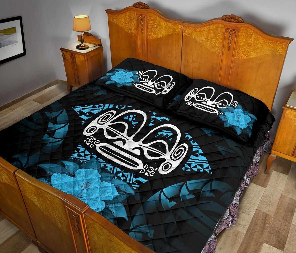 Marquesas Islands Polynesian Quilt Bed Set Hibiscus Blue