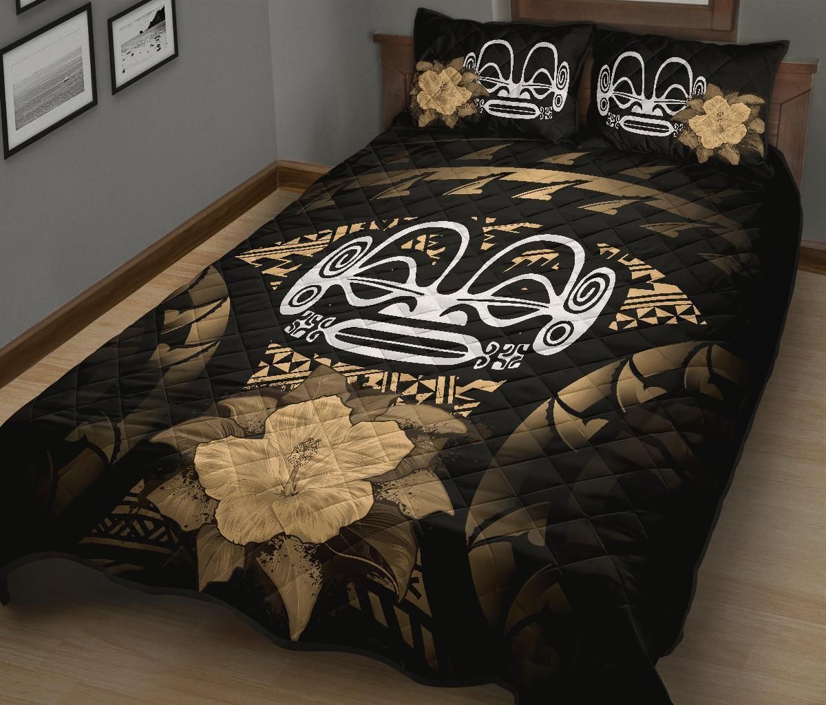 Marquesas Islands Polynesian Quilt Bed Set Hibiscus Gold