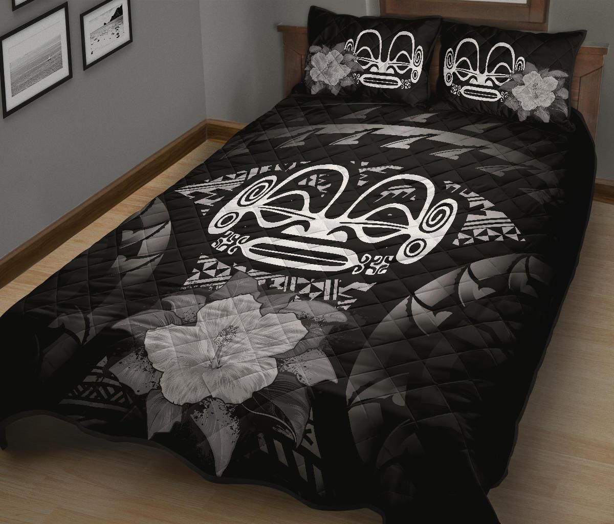 Marquesas Islands Polynesian Quilt Bed Set Hibiscus Gray