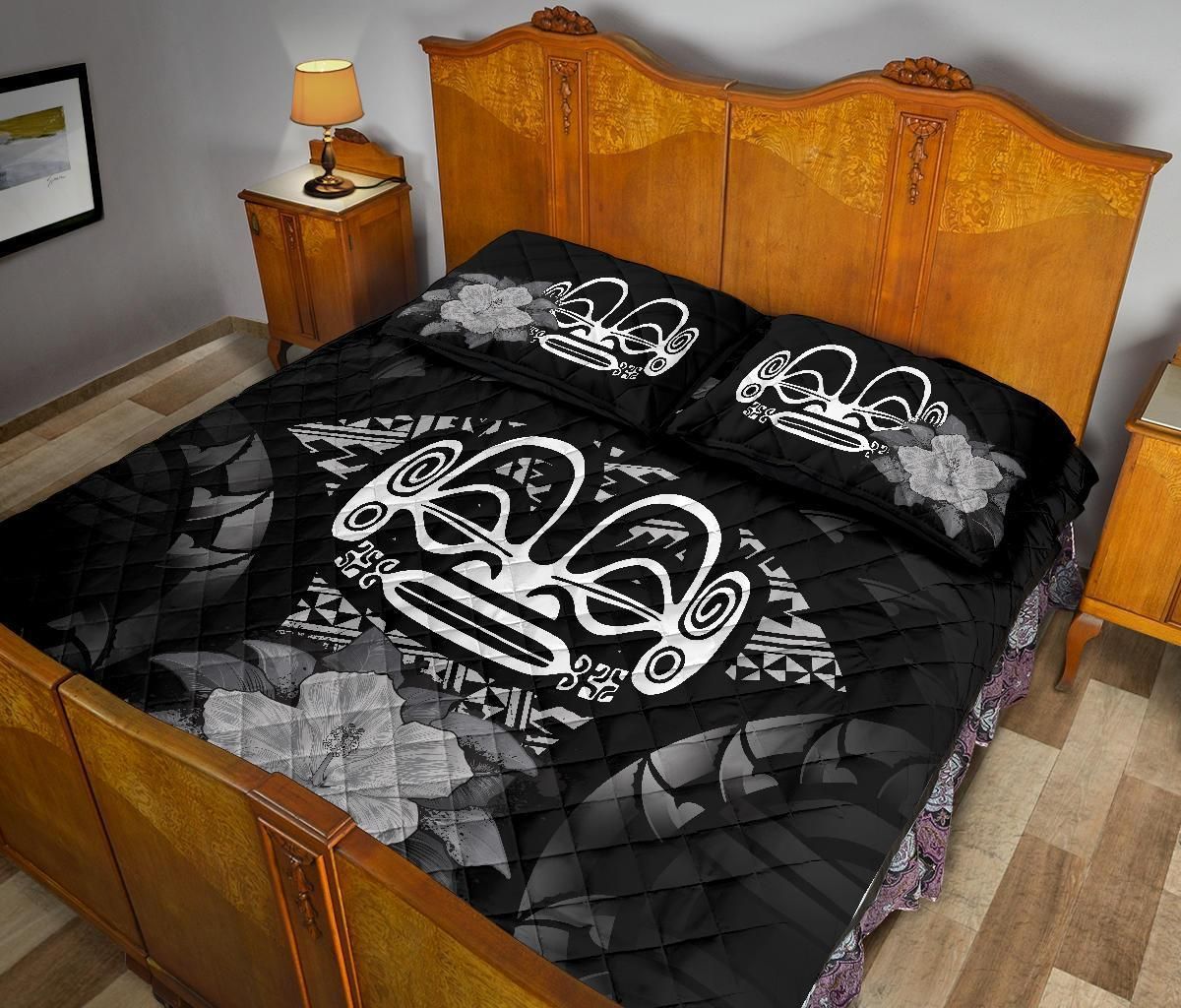 Marquesas Islands Polynesian Quilt Bed Set Hibiscus Gray