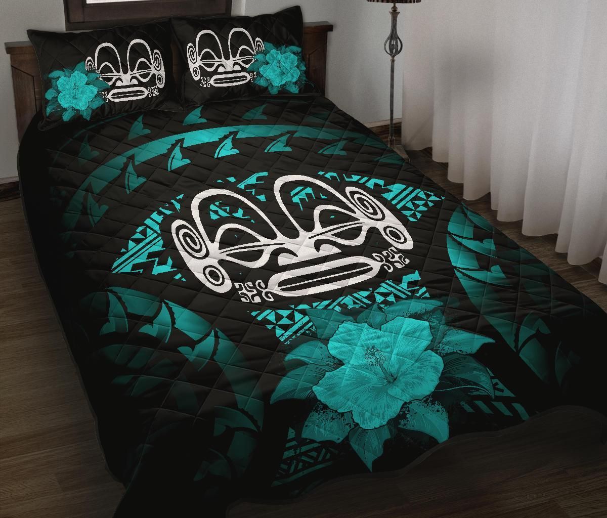 Marquesas Islands Polynesian Quilt Bed Set Hibiscus Turquoise